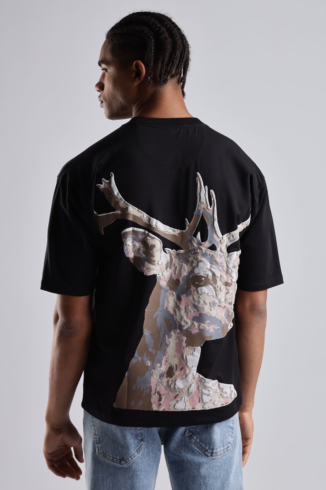Vintage T Shirt: Black Oversized Deer Print
