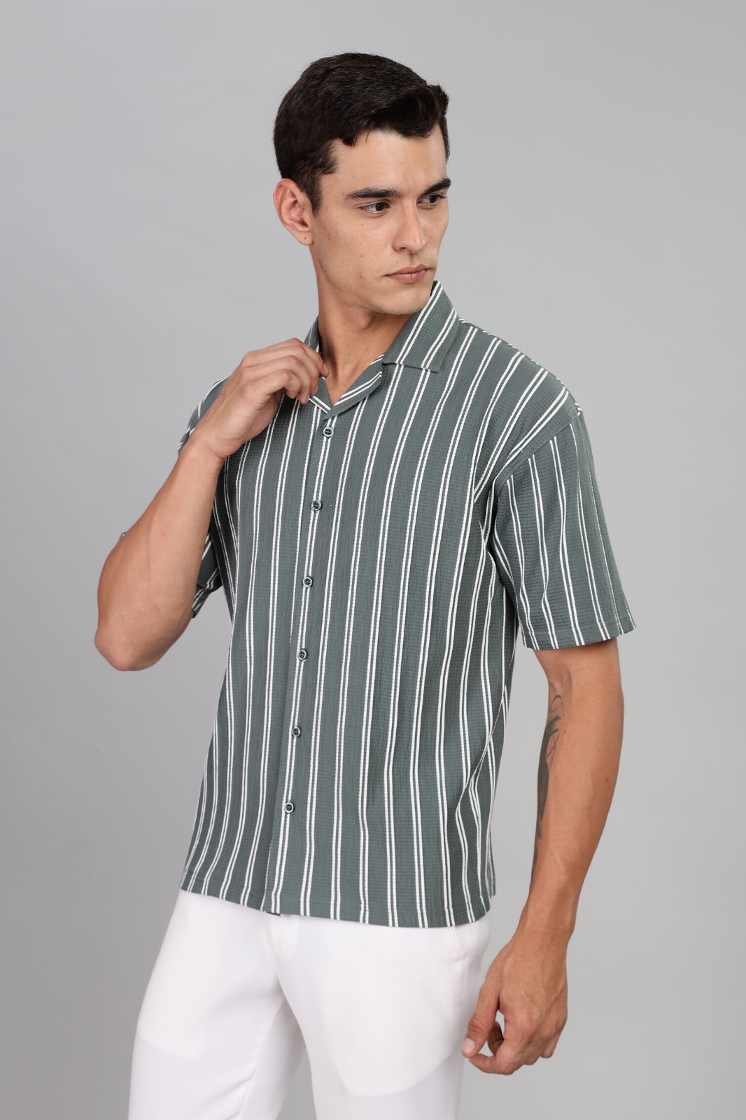 Casual Wear Shirt: Olive Green with White Stripes
