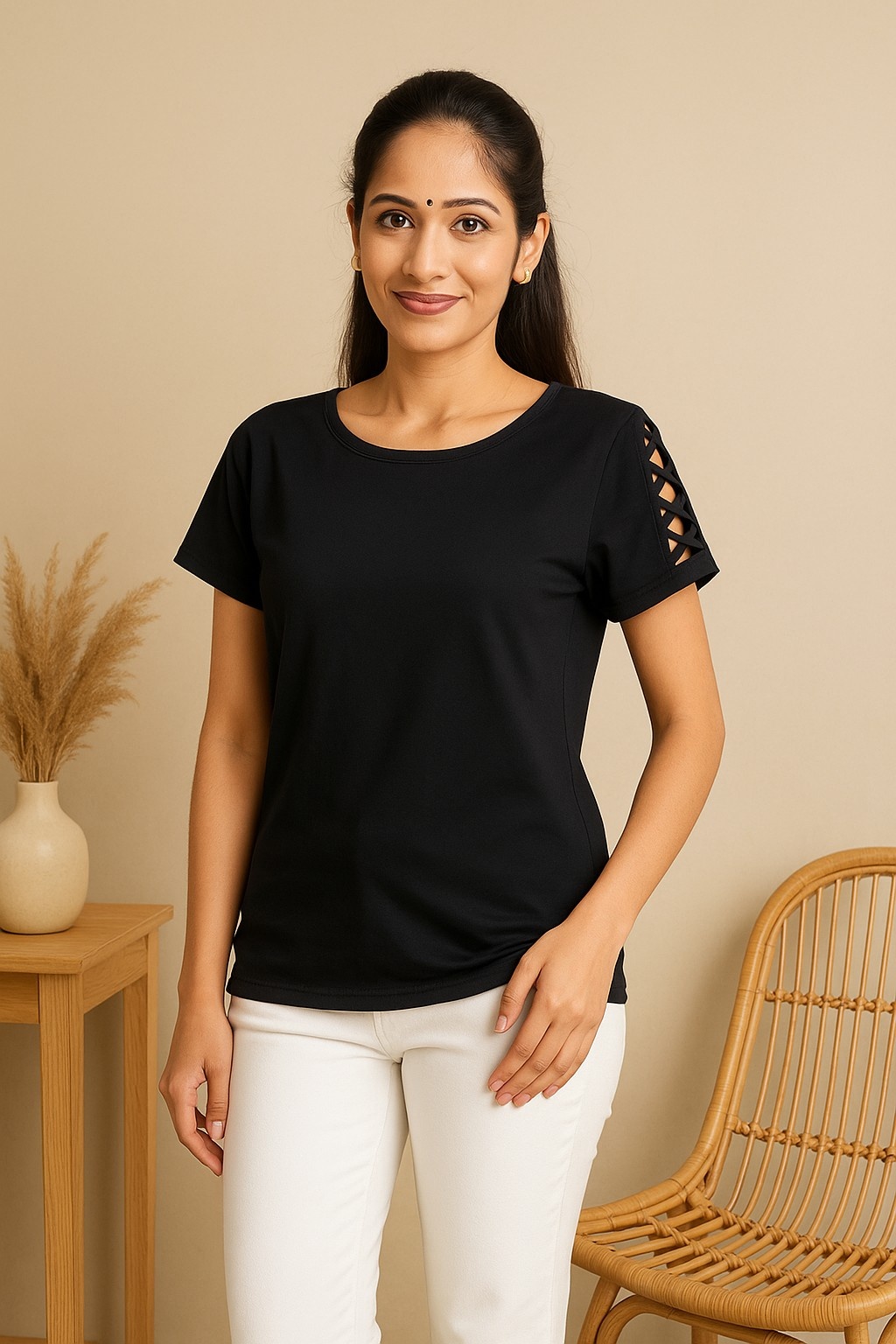 Black Crisscross Sleeve Cotton T-Shirt for Women