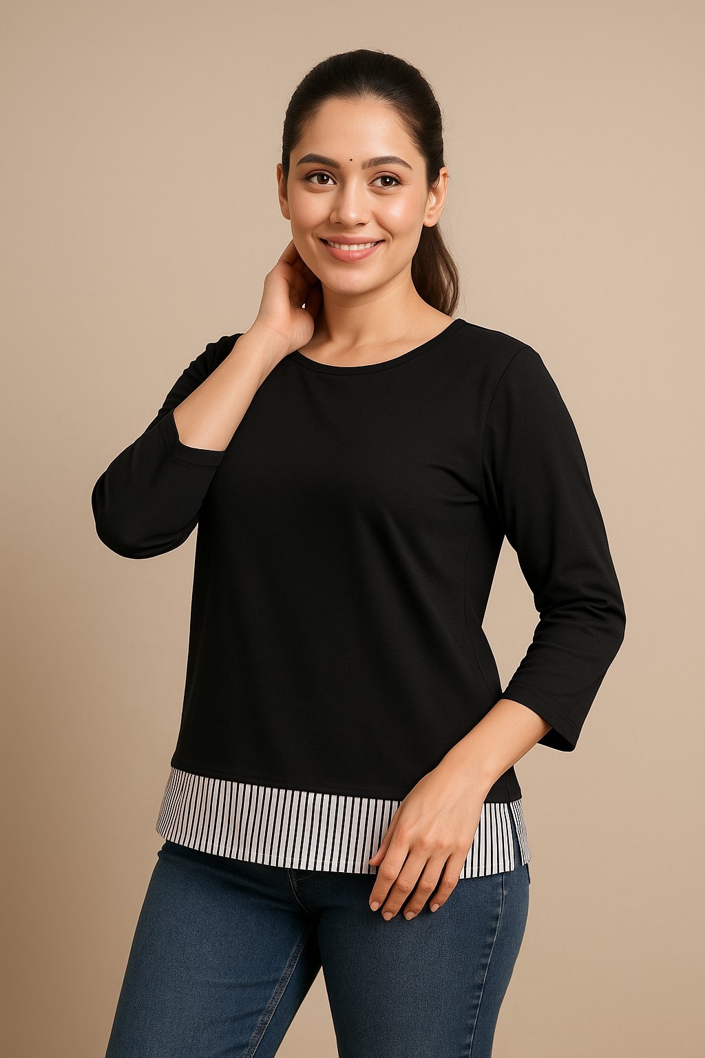 Women's Black 3/4 Sleeve Top with Striped Hem