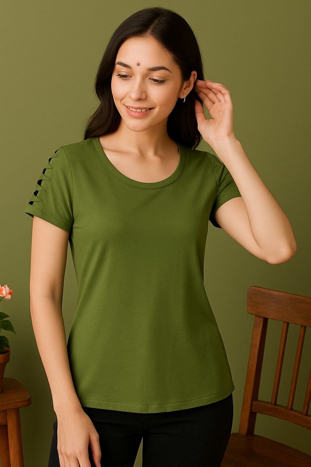 Olive Green Cut-Out Sleeve Cotton T-Shirt for Women