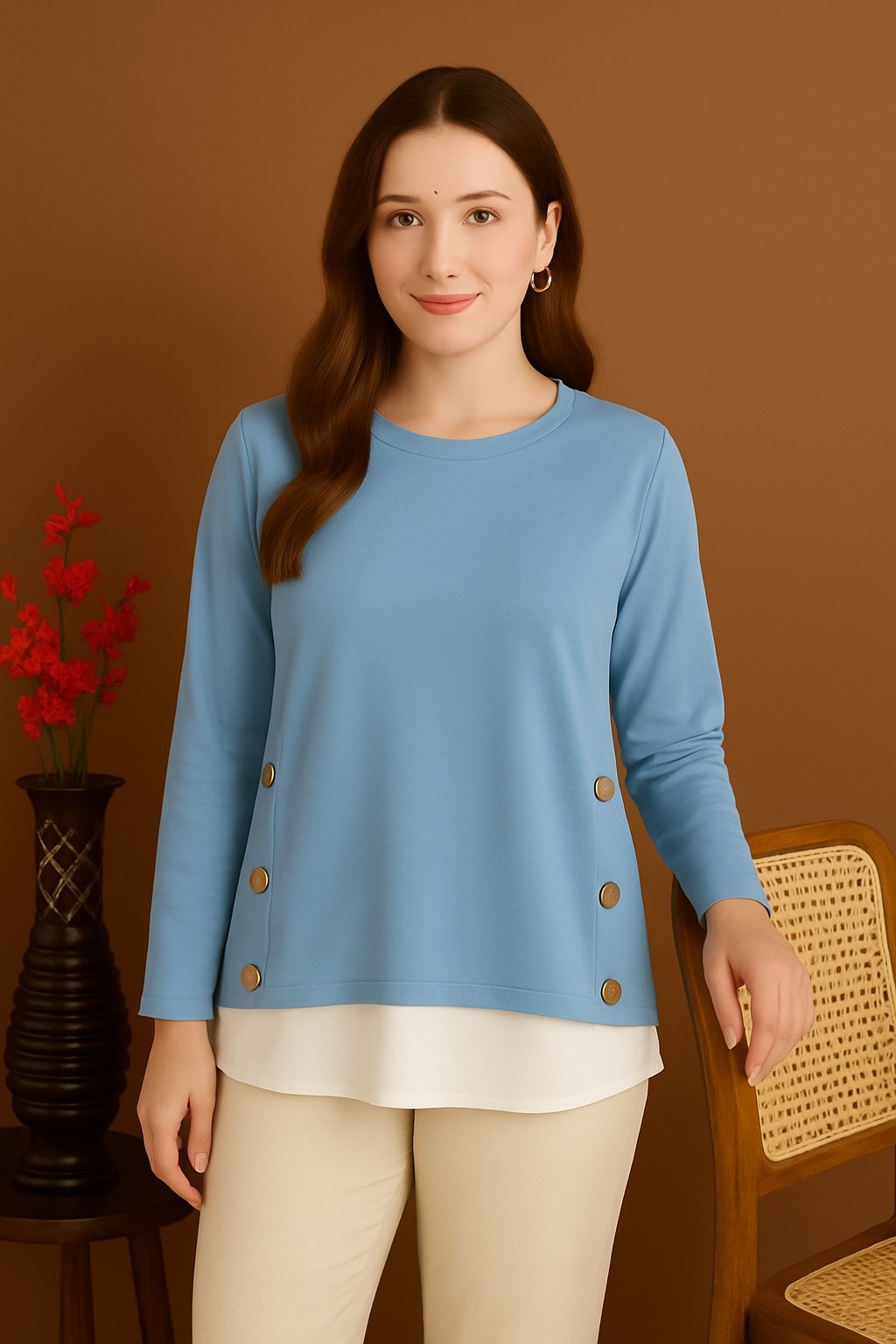 Women’s Light Blue Layered Top with Side Buttons  