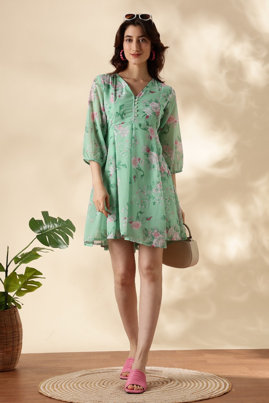 Mint Green Floral Printed A-Line Dress for Women