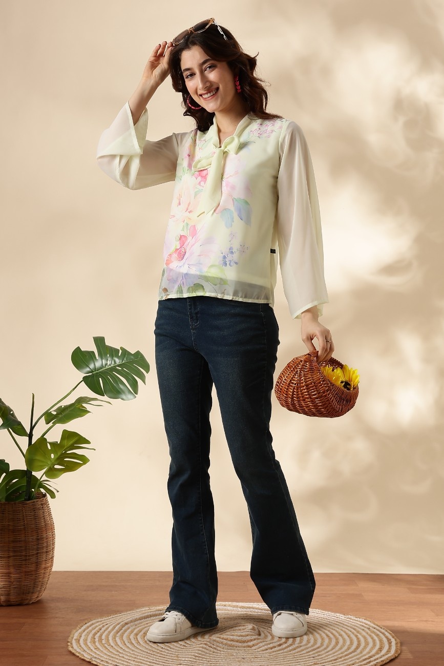 Pastel Yellow Floral Print Tie-Neck Top for Women