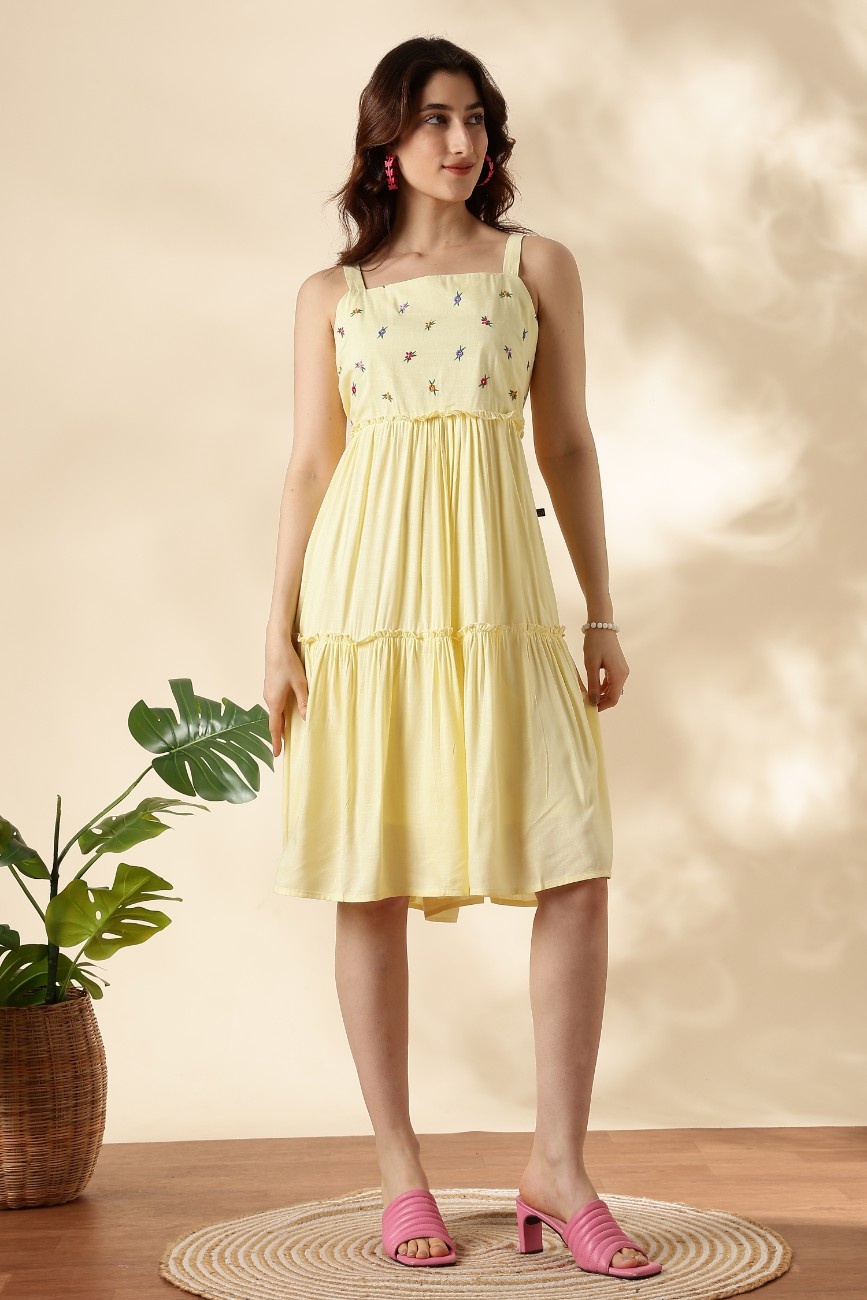 Yellow Floral Embroidered Sleeveless Midi Dress for Women