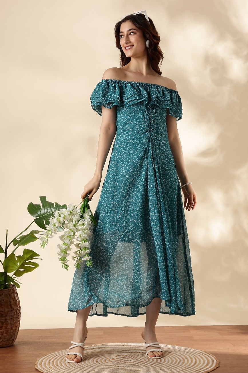 Women’s Teal Blue Off-Shoulder Floral Maxi Dress
