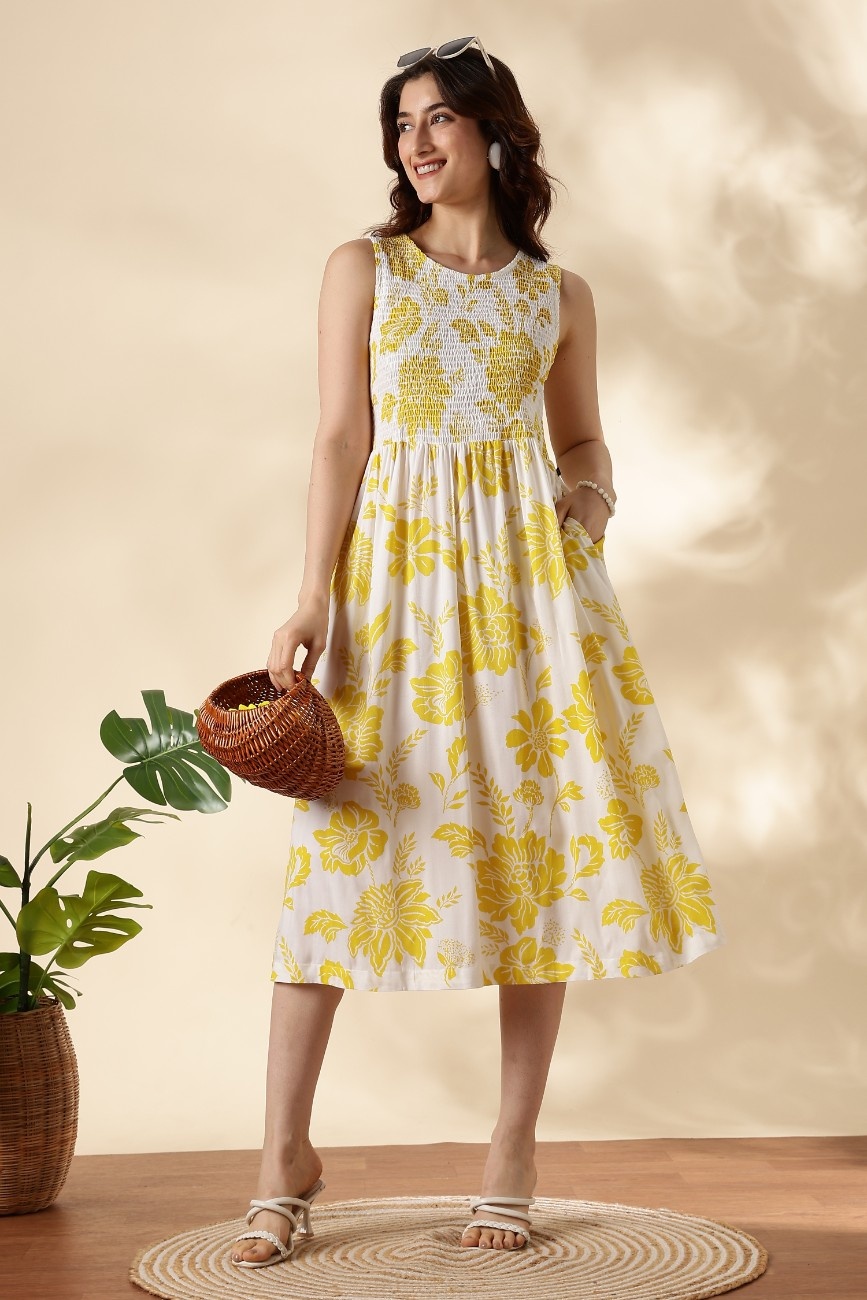 Yellow Floral Printed Sleeveless Midi Dress for Women