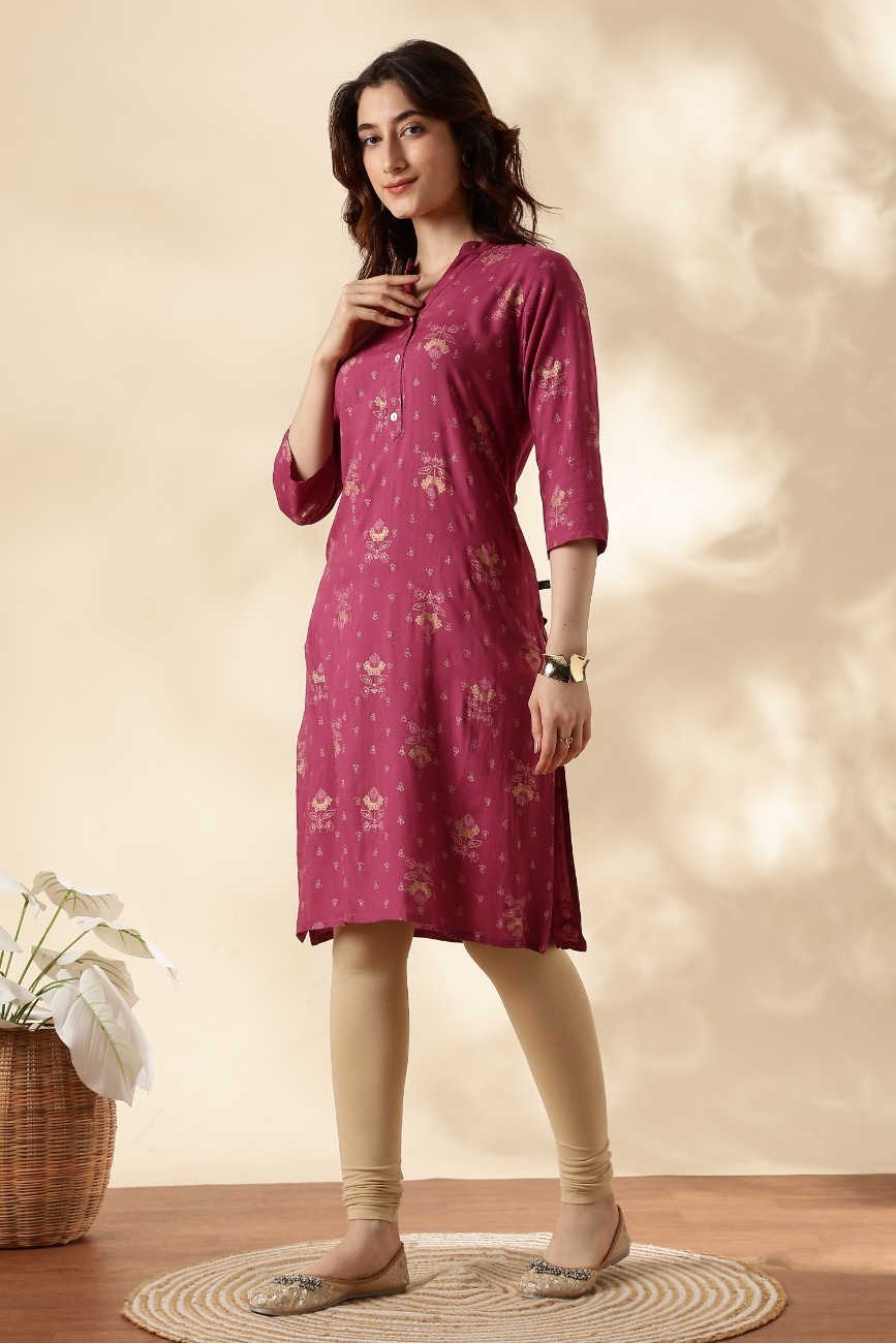 Pink Floral Printed Straight Kurti with Pockets for Women