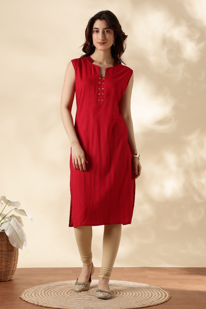 Red Sleeveless Straight Kurta with Button Detailing for Women