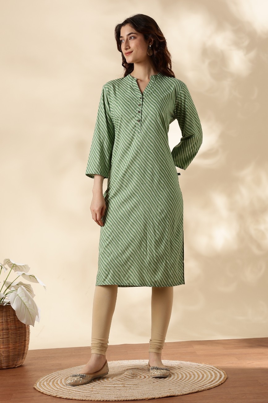 Green Striped Straight Kurta for Women with Wooden Buttons