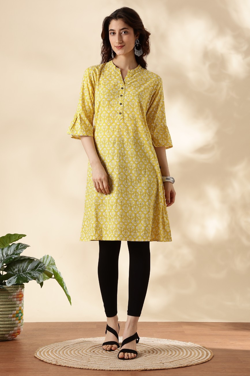 Yellow Printed A-Line Kurta with Flared Sleeves & Pockets for Women