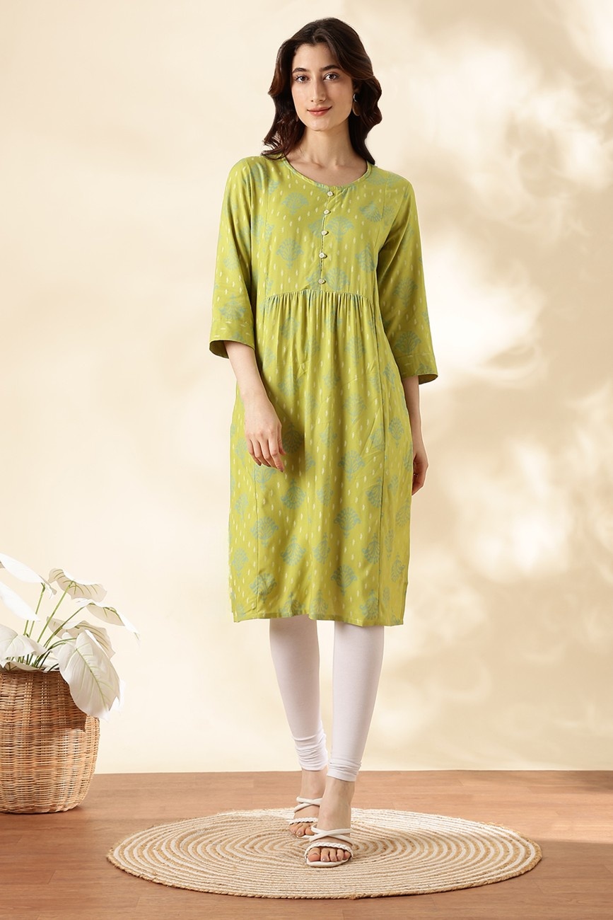 Women’s Green Printed Kurta with Button-Down Front