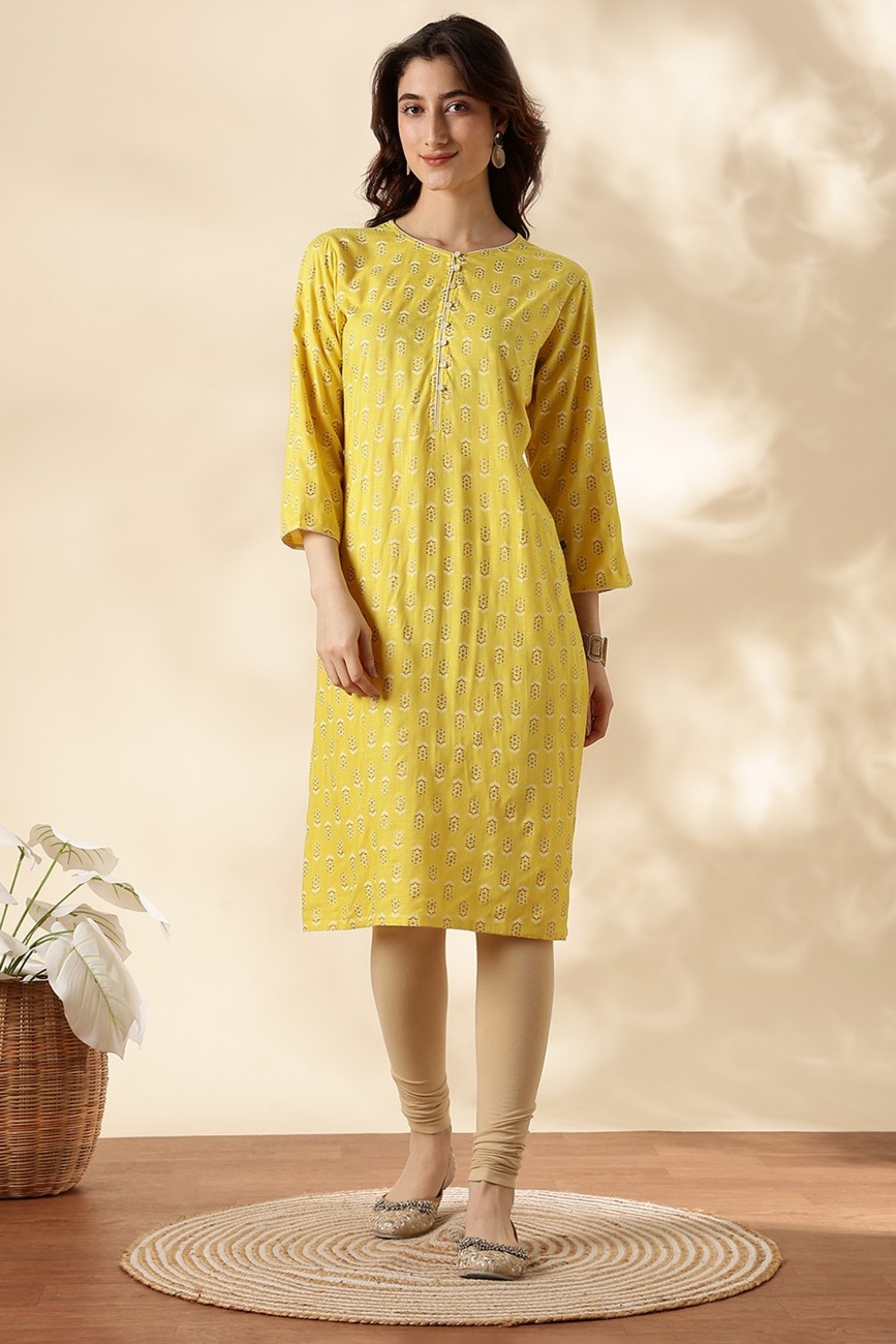 Women’s Yellow Printed Kurta with Button Placket