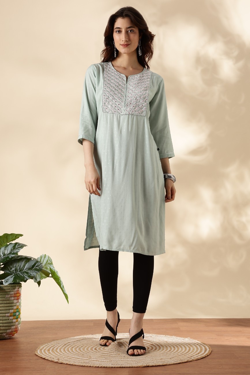 Women’s Pastel Green Embroidered Kurta with Mirror Work