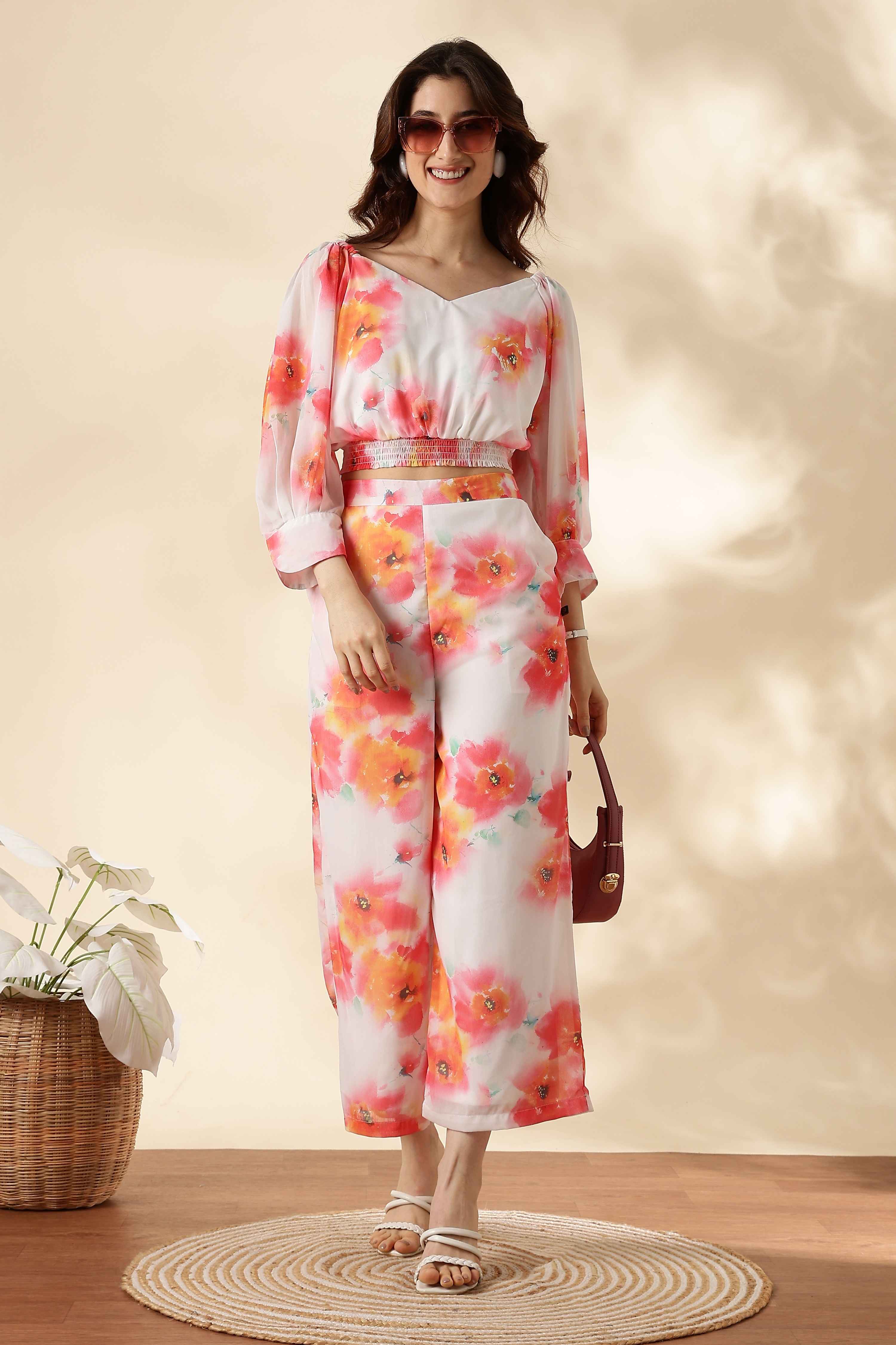 White Floral Printed Co-ord Set for Women