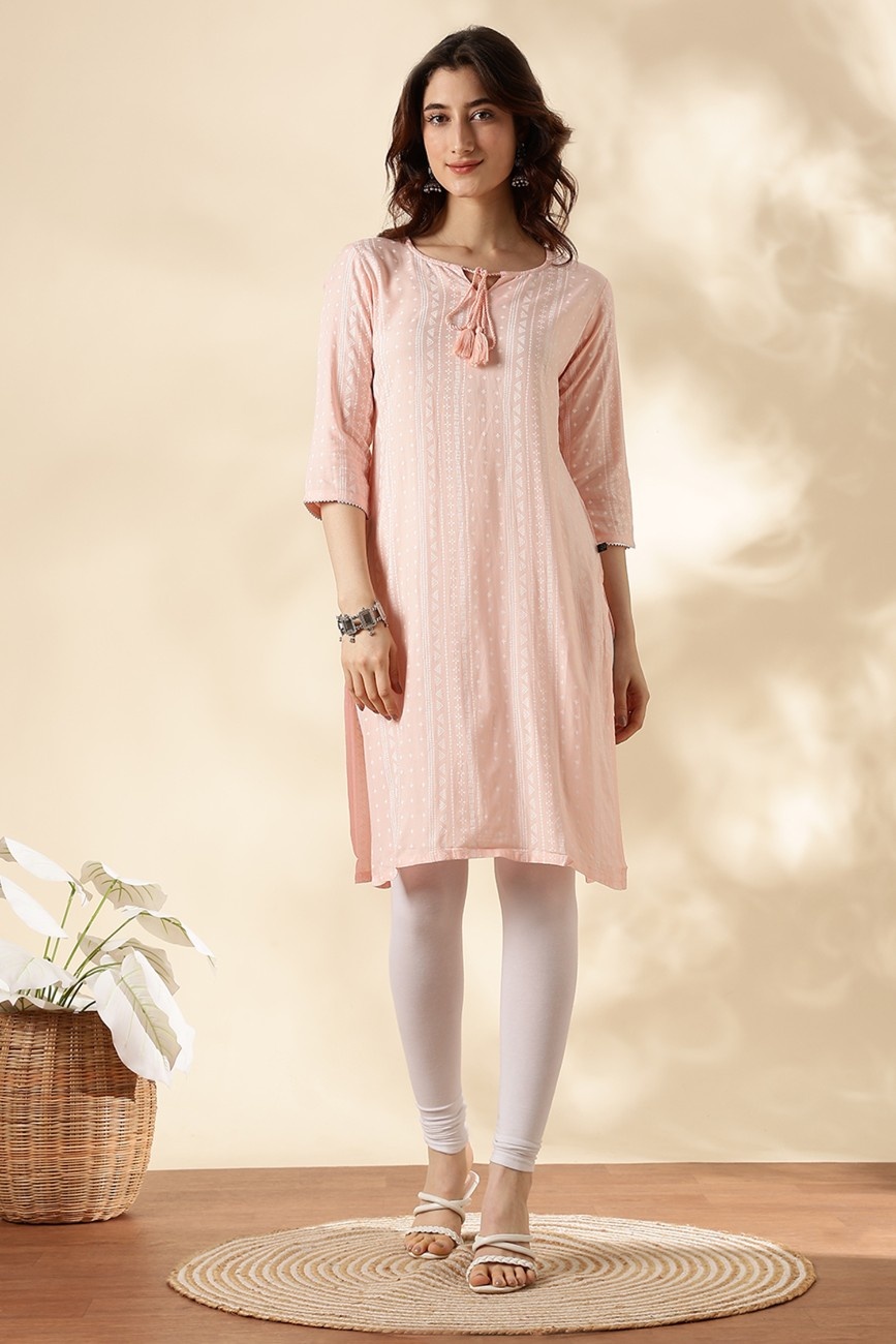 Women’s Peach Printed Straight Kurta with Tassel Neck