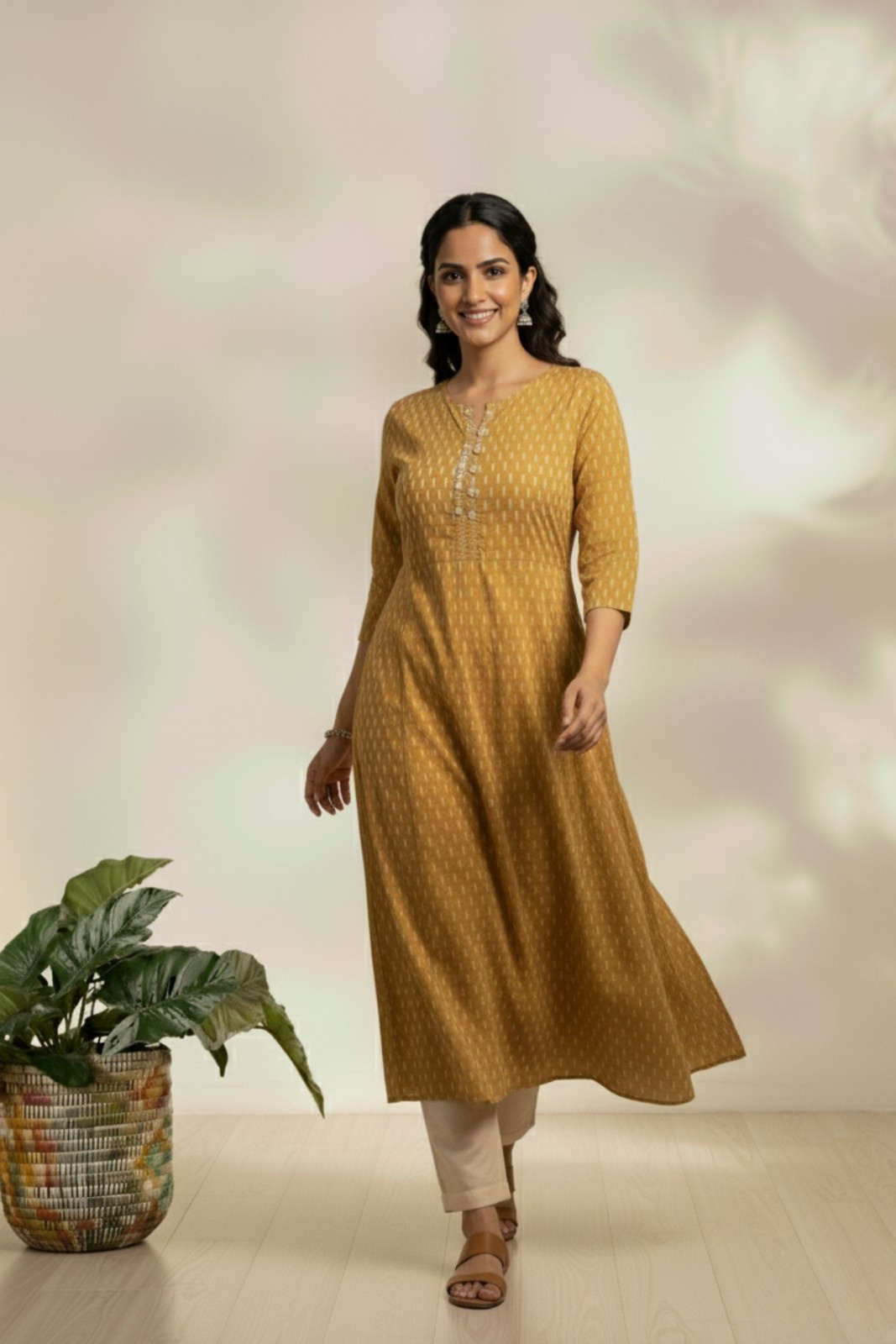Mustard Yellow Printed Straight Kurta with Embroidered Neckline
