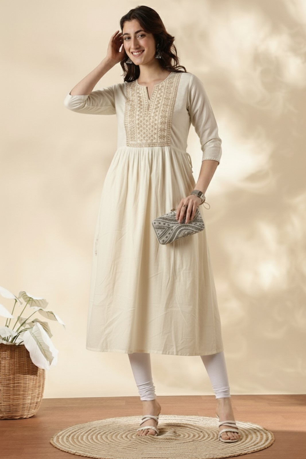Elegant Off-White Embroidered A-Line Kurta