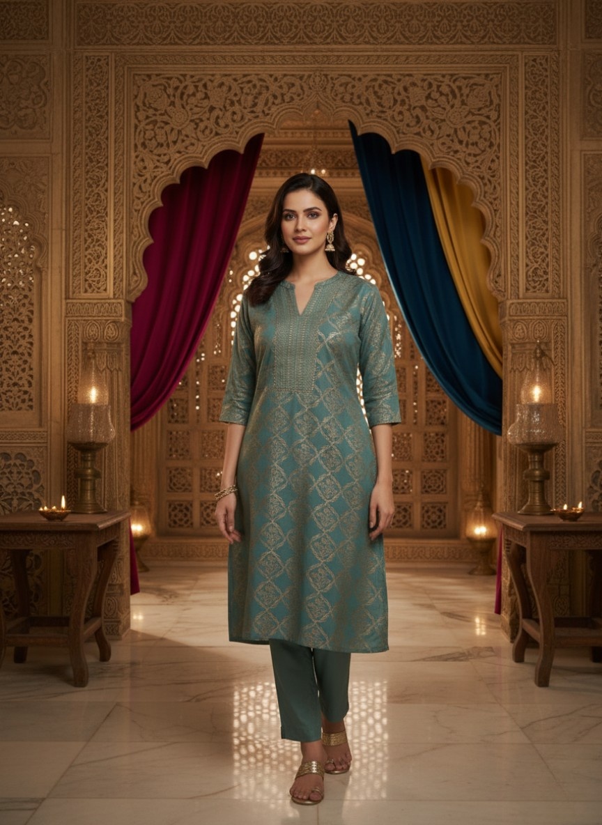 Teal Blue Jacquard Kurta For Women