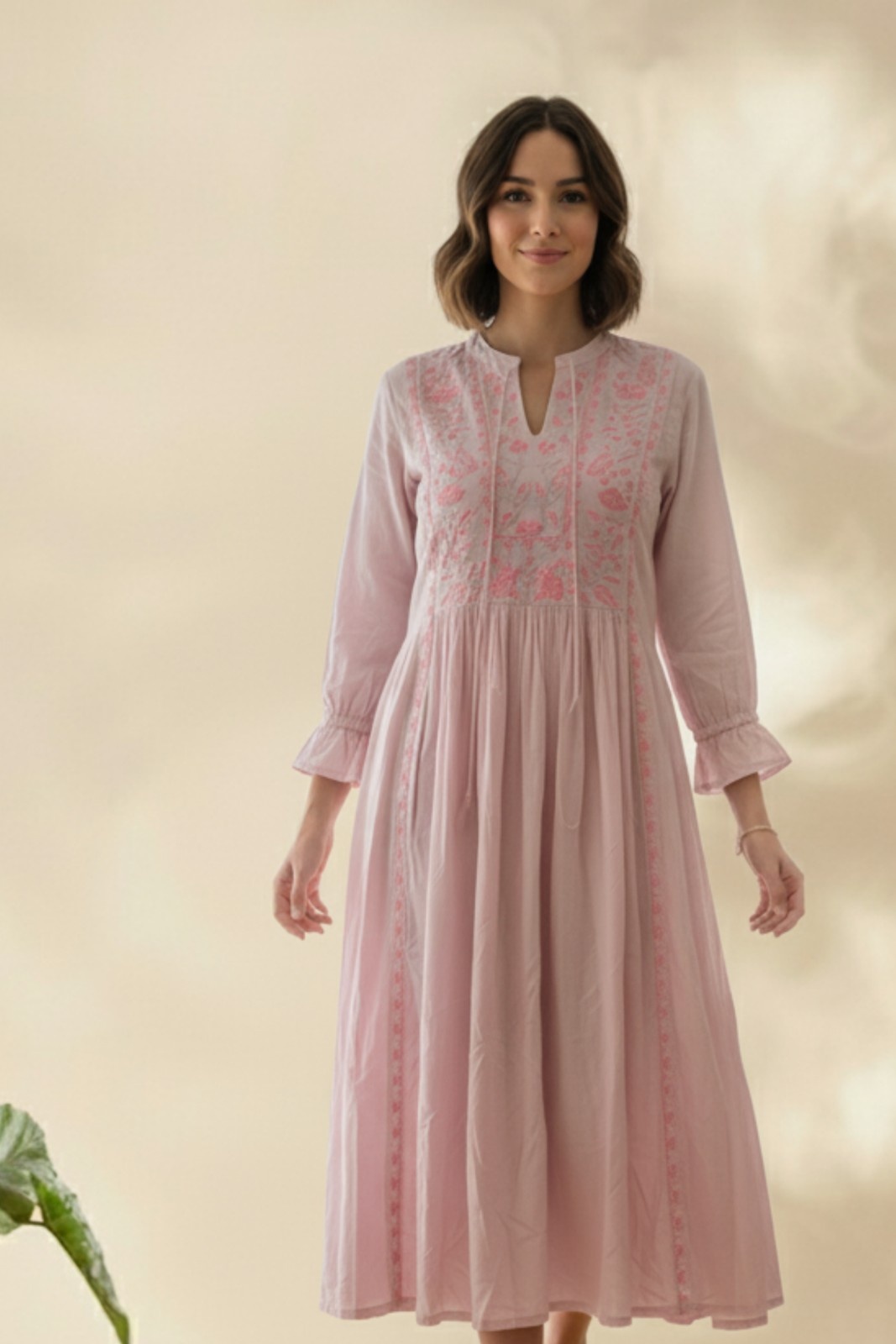 Blush Pink Embroidered A-Line Midi Dress