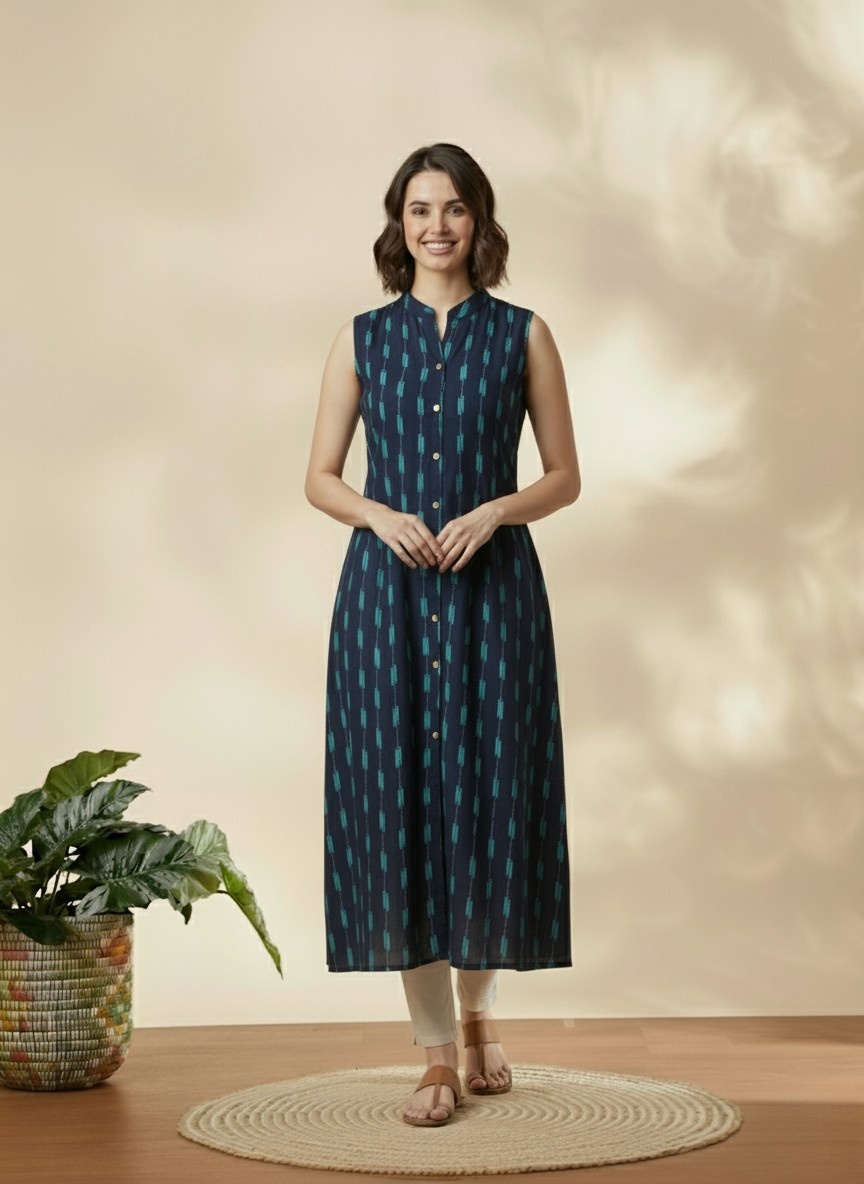 Indigo Sleeveless Straight Kurta with Minimal Print