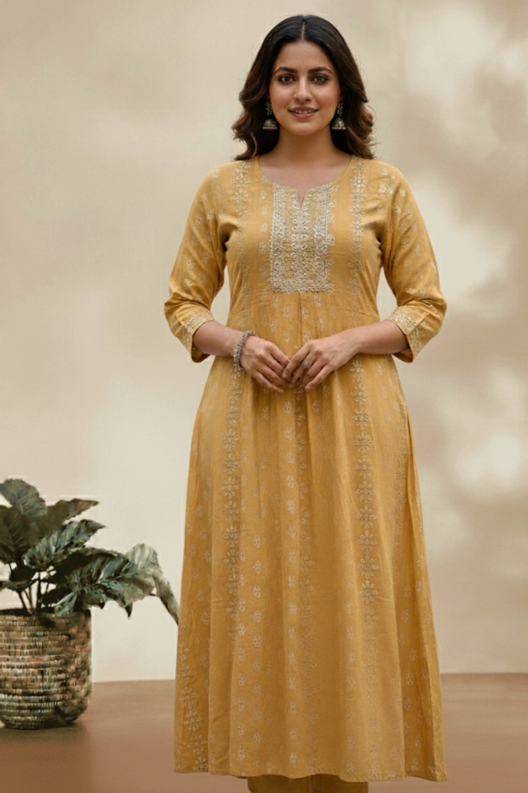 Mustard Yellow Embroidered A-Line Kurta