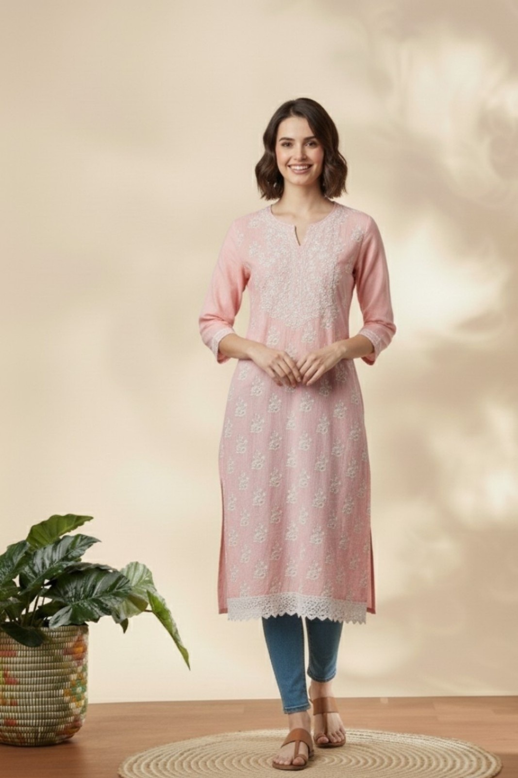 Elegant Pink Embroidered Cotton Kurti with Lace Detailing